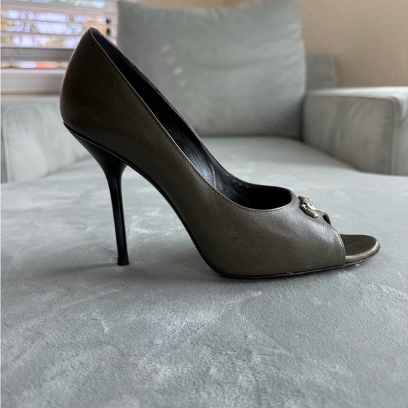 Gucci Dark Olive Peep-Toe Heels - Picture 1 of 9